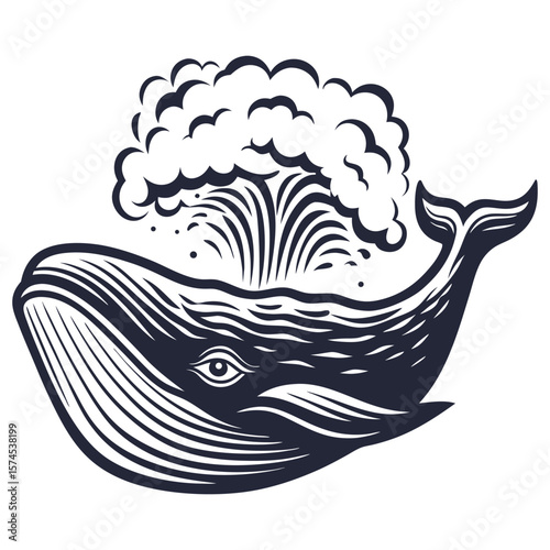 Linocut whale, depicting the serene underwater marine life in a stylized oceanic scene, ideal for nautical themed designs and aquatic educational materials