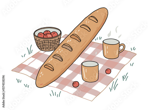 Picnic setup with a baguette, cups, and a basket of cherries on a checkered blanket