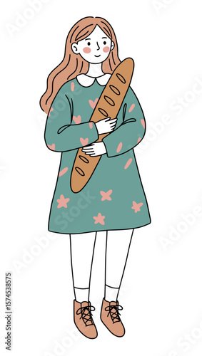 Cheerful girl holding a baguette in a floral dress with a playful mood