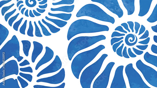 Illustration of three blue ammonite fossils with spiral shells on a white background design art work