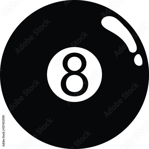 Iconic black number 8 pool ball in simple vector style. Used for billiard themes, retro design, magic ball concept, or game assets.