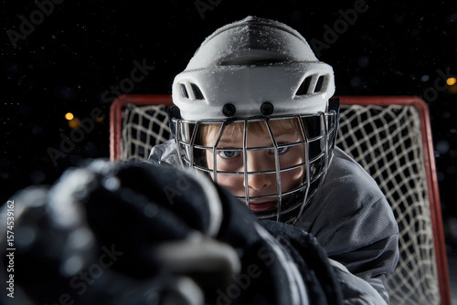 Focused young hockey player in gear aims puck at camera