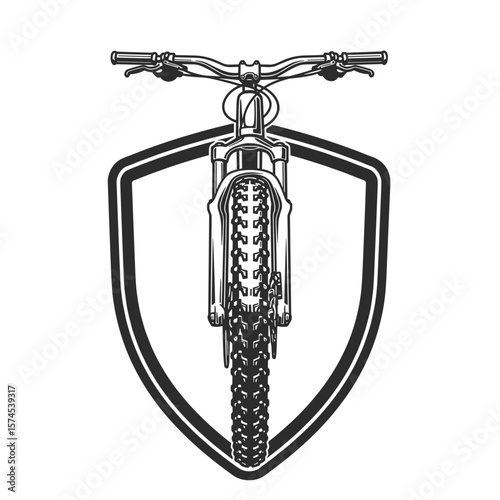 Stylized front view of a mountain bike framed within a shield outline, emphasizing ruggedness and protection.