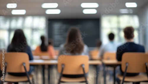 Blurred image of students sitting in a classroom facing a blackboard, suggesting a learning or educational environment.