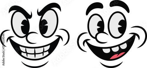  Retro cartoon faces with mischievous and happy expressions, vector character 