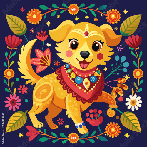 Golden retriever puppy radiates festive charm adorned with flowers, adding a delightful accent to your creative design project.