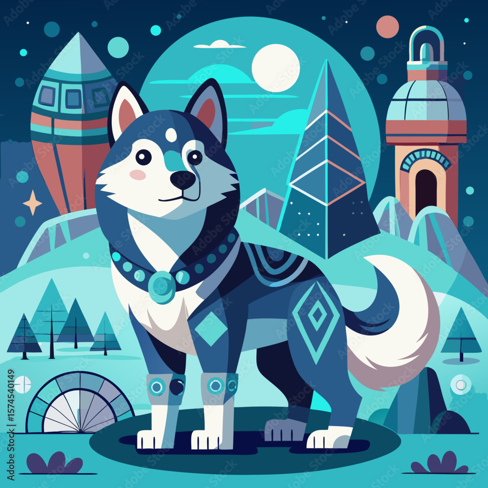 Fototapeta premium Enchanting Husky graphic in a stylized arctic landscape, perfect for logo design, mascot creation, or captivating pet-themed designs.