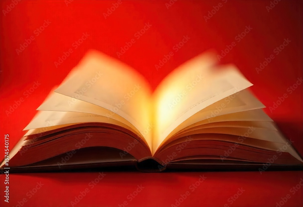 Obraz premium Open Book with Pages Fluttering on a Red Background