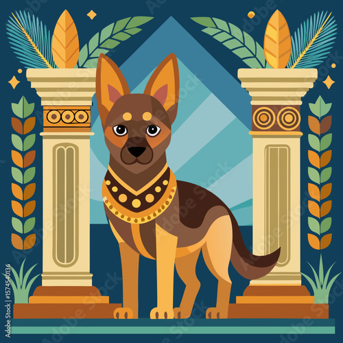 Artistic rendering shows a proud German Shepherd depicted with geometric styling reminiscent of ancient Egyptian art and architecture.