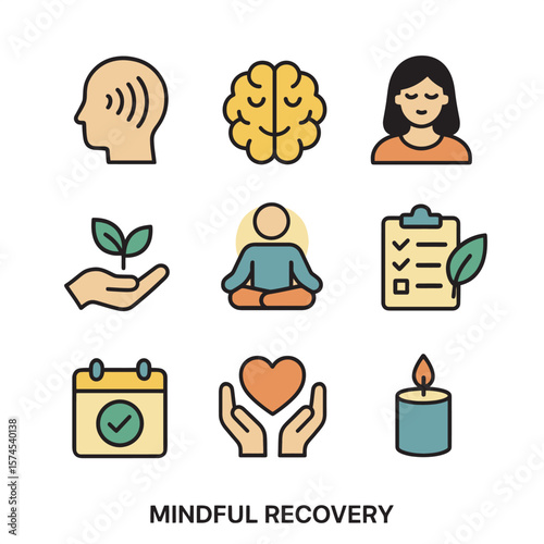 Mindful recovery icons set: meditation, mental health, self-care, checklist, gratitude, growth