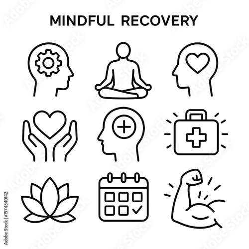 Mindful recovery outline icons set,Set of icons for mental health, wellness, and mindful recovery