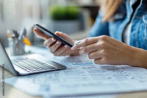 A person uses a smartphone and laptop simultaneously, working with documents on a desk in a modern office setting.