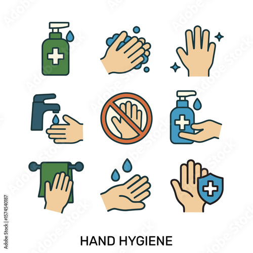 Hand hygiene flat colorful icons set: washing, sanitizer, clean hands, faucet, towel, disinfection, prevention
