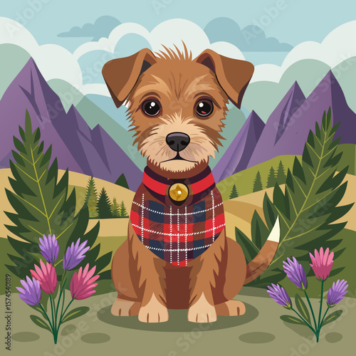 Charming canine artwork showcasing a brown puppy wearing a plaid neckerchief amidst a scenic mountain vista with evergreen trees and delicate wildflowers.