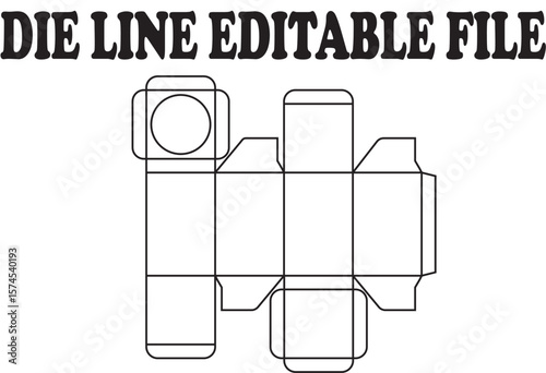 Black and white box template with die lines and circular window packaging graphic