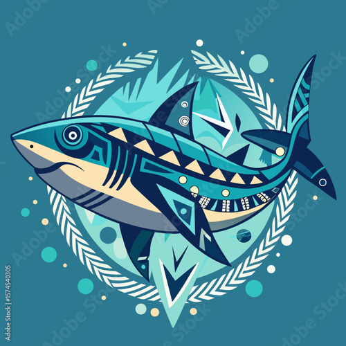 Decorative sea predator graphic featuring a stylized shark with tribal patterns, ideal for ocean-themed designs, posters, or related creative projects.