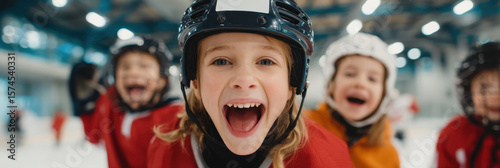 Kids celebrating goal on ice rink with joyful expressions