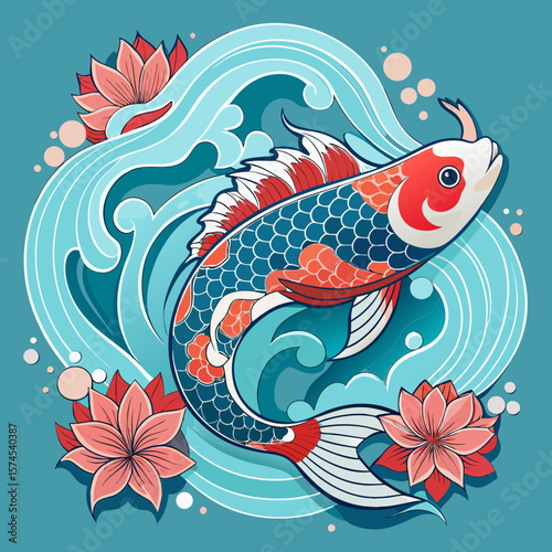 Graceful koi fish swims among water lilies and stylized water currents in this vibrant and serene oriental design.