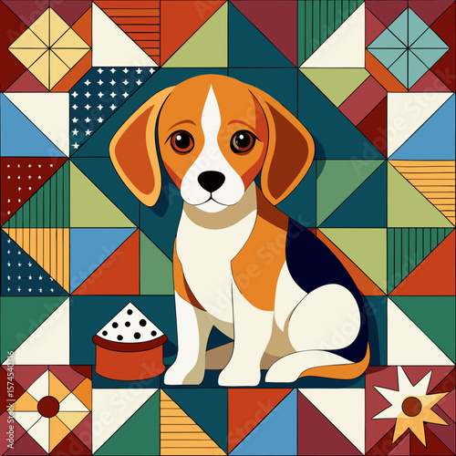 Adorable beagle puppy artwork with geometric patchwork background is suitable for pet designs and animal lover themed graphics.