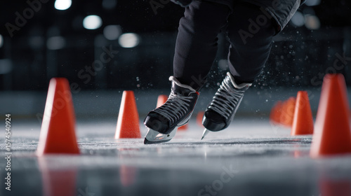 Ice skater practicing agility with cones on rink