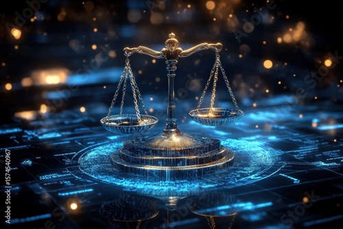 A glowing golden justice scale hovers over a digital blue circuit board, symbolizing the fusion of law and technology in a futuristic setting.