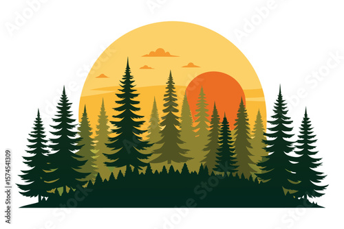 Silhouette forest with glowing sun