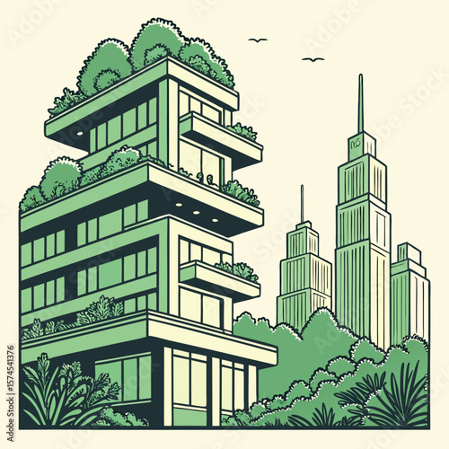 Illustration of a modern building with greenery and skyscrapers in the background against a light sky