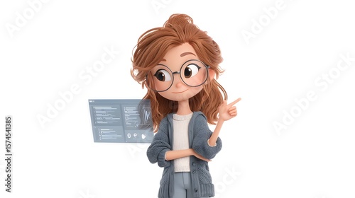 3D cartoon female developer coding with holographic screen, isolated white background