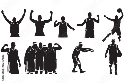 Silhouette illustration of nine basketball players in different shooting poses.