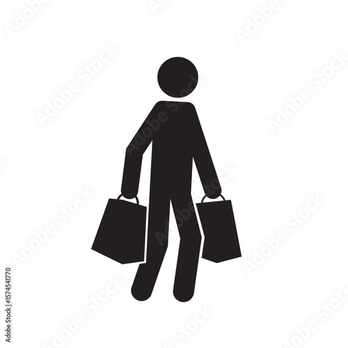 minimalist stick figure carrying two shopping bags, symbolizing consumerism and daily life. Perfect for illustrations related to shopping, lifestyle, or urban culture. 