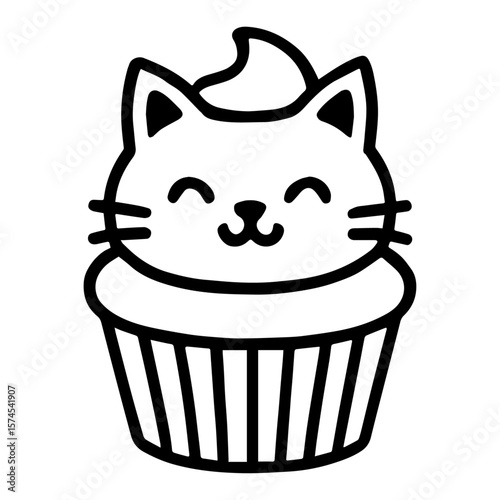 Cute Cat Face Cupcake Icon Vector - Adorable Animal Themed Dessert
