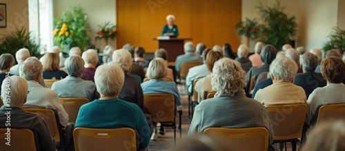 A group of elderly people attending a presentation or seminar in a well-lit room with a speaker at the front.