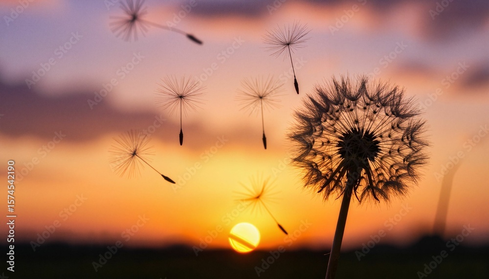 Fototapeta premium Dandelion seeds blowing in the wind at sunset with orange sky 