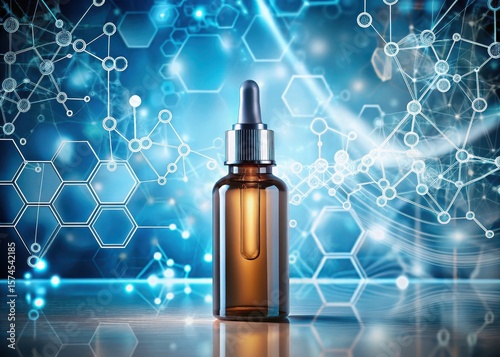 Serum bottle with retinol serum and scientific diagrams in the background