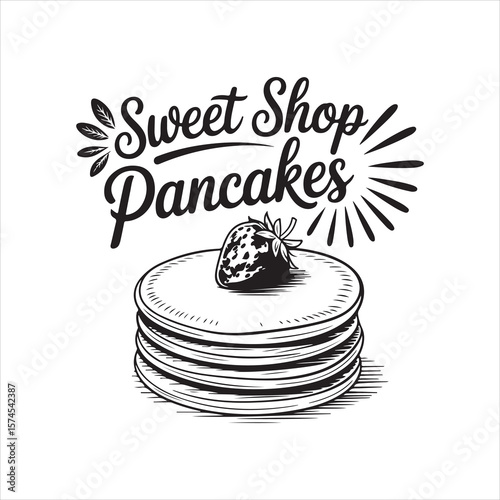 Sweet Shop Pancakes Logo with Strawberry – Vintage Style Illustration
