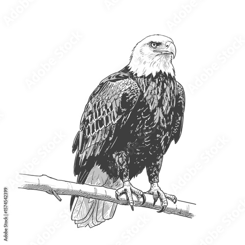 Bald Eagle - Haliaeetus leucocephalus. Majestic eagle sketch perches proudly on wooden branch on white background. Wildlife illustration concept