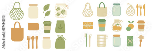 Various eco-friendly bags, containers, and utensils arranged in a neat layout for sustainable living practices