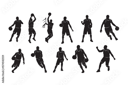 Silhouette illustration of nine basketball players in different shooting poses.