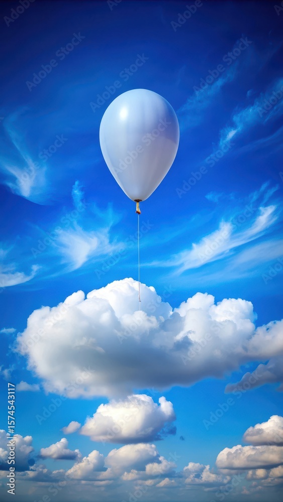 Obraz premium A lone balloon floats gently upwards against a bright blue sky with fluffy white clouds