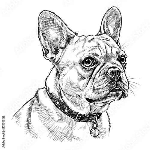 Vintage ink sketch of a French Bulldog dog portrait isolated on white background

