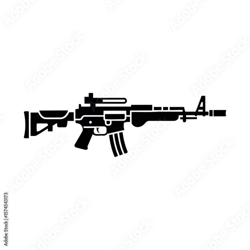 Stylized silhouette of an assault rifle with scope and magazine