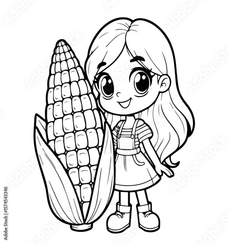 Cartoon girl with a corncob, coloring book page, vector. AI