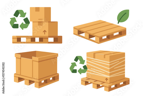 Illustration of recycled packaging and wooden pallets used in shipping and storage processes