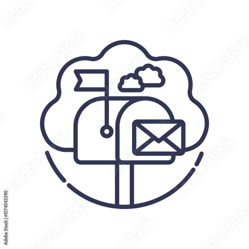 Line art icon of a mailbox with a letter, set against a cloud. Symbolizes a virtual mailbox or cloud-based address service for managing physical mail online.