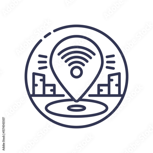 Line art icon of a map pin with a Wi-Fi symbol over a city. Represents location connectivity, smart city technology, public Wi-Fi hotspots, and network coverage in an urban area.