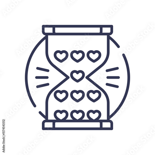 A line art icon of an hourglass with hearts instead of sand. It symbolizes that love and meaningful connections require time and patience to grow and develop.