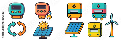 Renewable energy icons showcasing solar panels, wind energy, and energy storage systems in a vibrant design