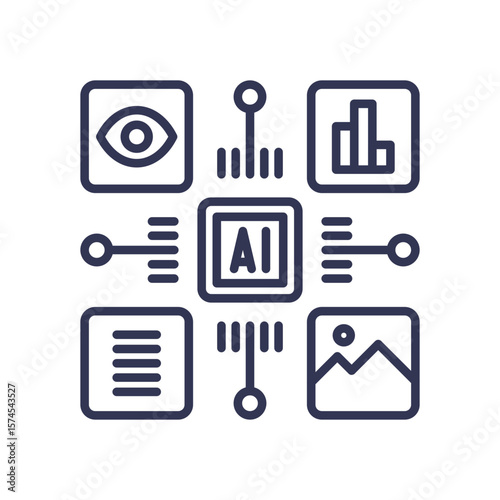 An icon showing a central AI connected to various data types like vision, text, and images. This represents a multimodal model processing diverse information streams for comprehensive understanding.
