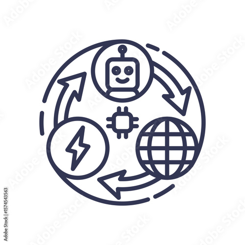An icon showing the reinforcement learning loop. An agent (robot) interacts with an environment (globe), takes actions (lightning), and learns via a central processor (chip) to maximize rewards.