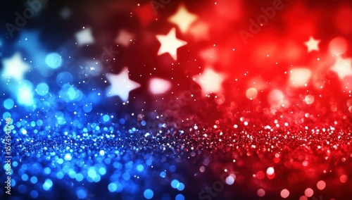 Abstract blue and red bokeh lights with glowing stars creating a festive, patriotic atmosphere.